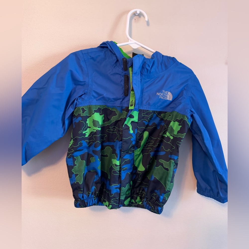 The North Face Kids Blue and Green Camo Rain Jacket
